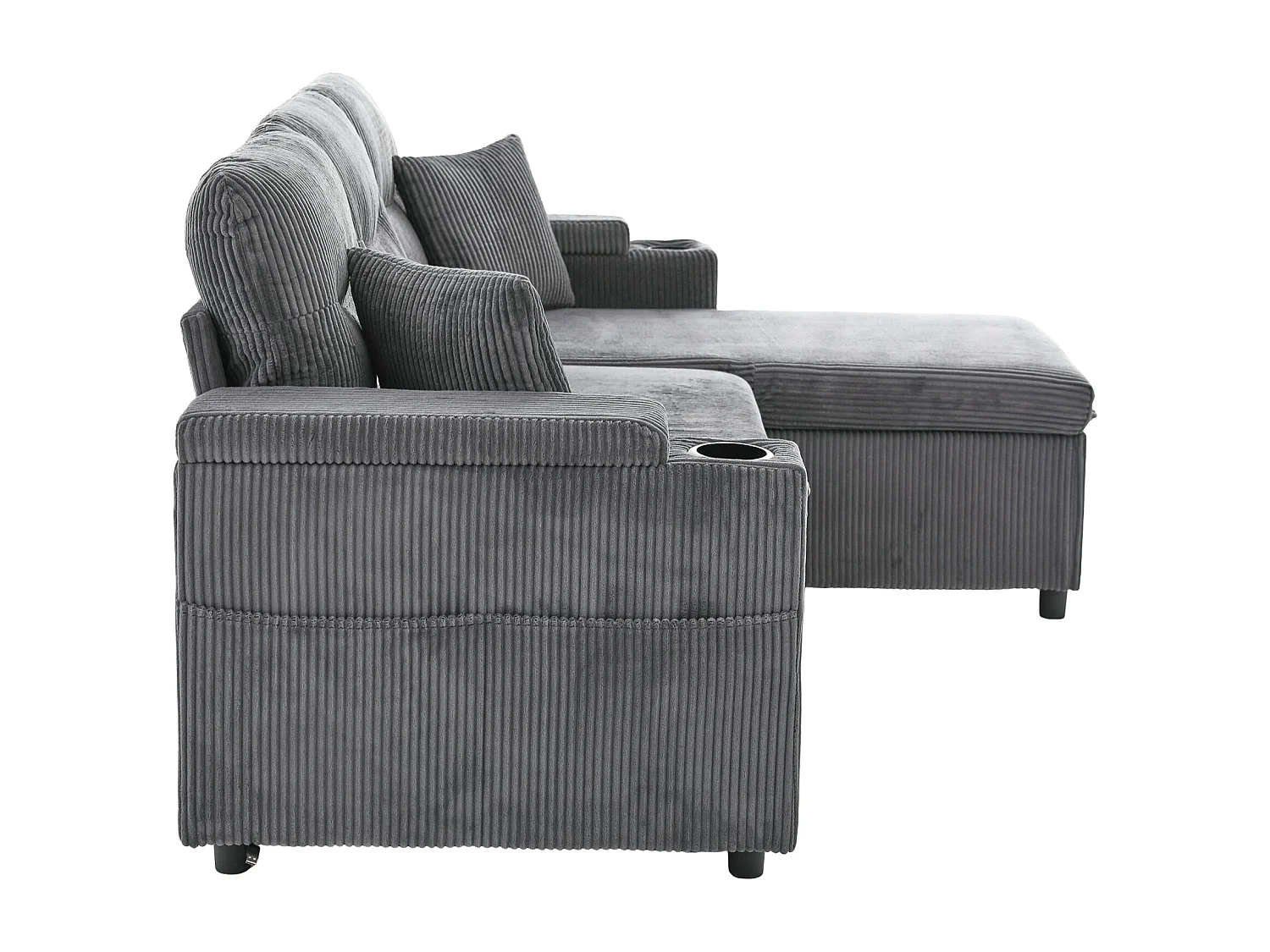 Canapé convertible 3 places en velours côtelé gris carbone - Rangement, porte-gobelets et port USB