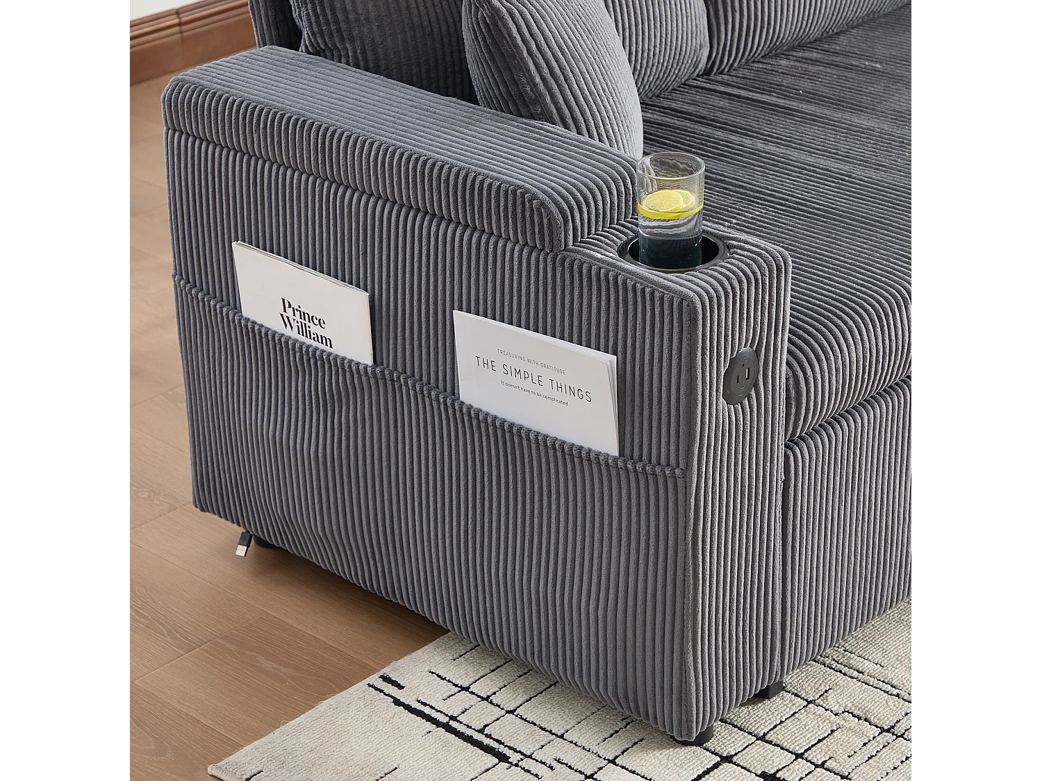 Canapé convertible 3 places en velours côtelé gris carbone - Rangement, porte-gobelets et port USB