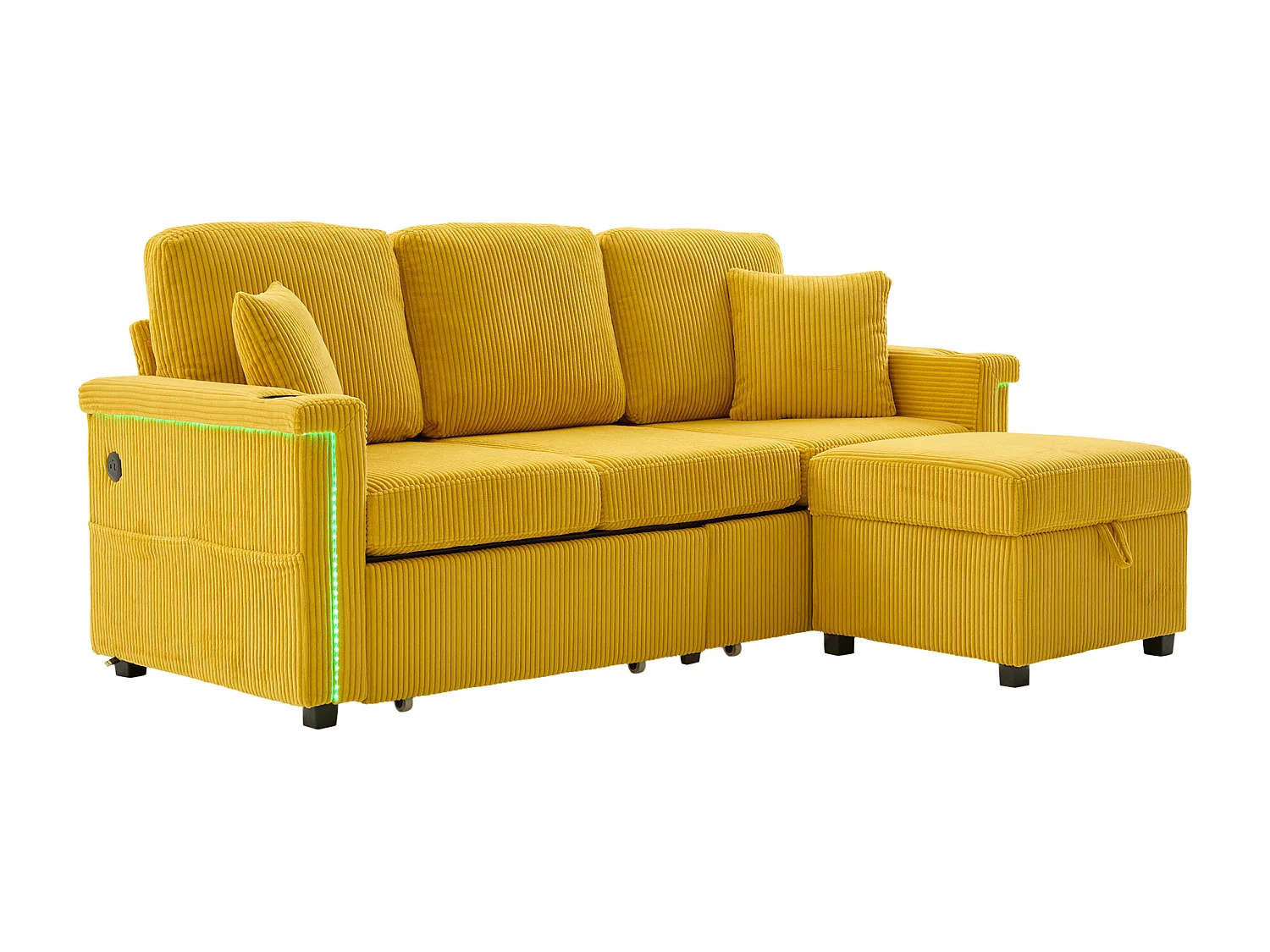 Canapé d'angle 3 places en velours côtelé jaune moutarde - Avec LED, ports USB/Type-C et 2 tiroirs