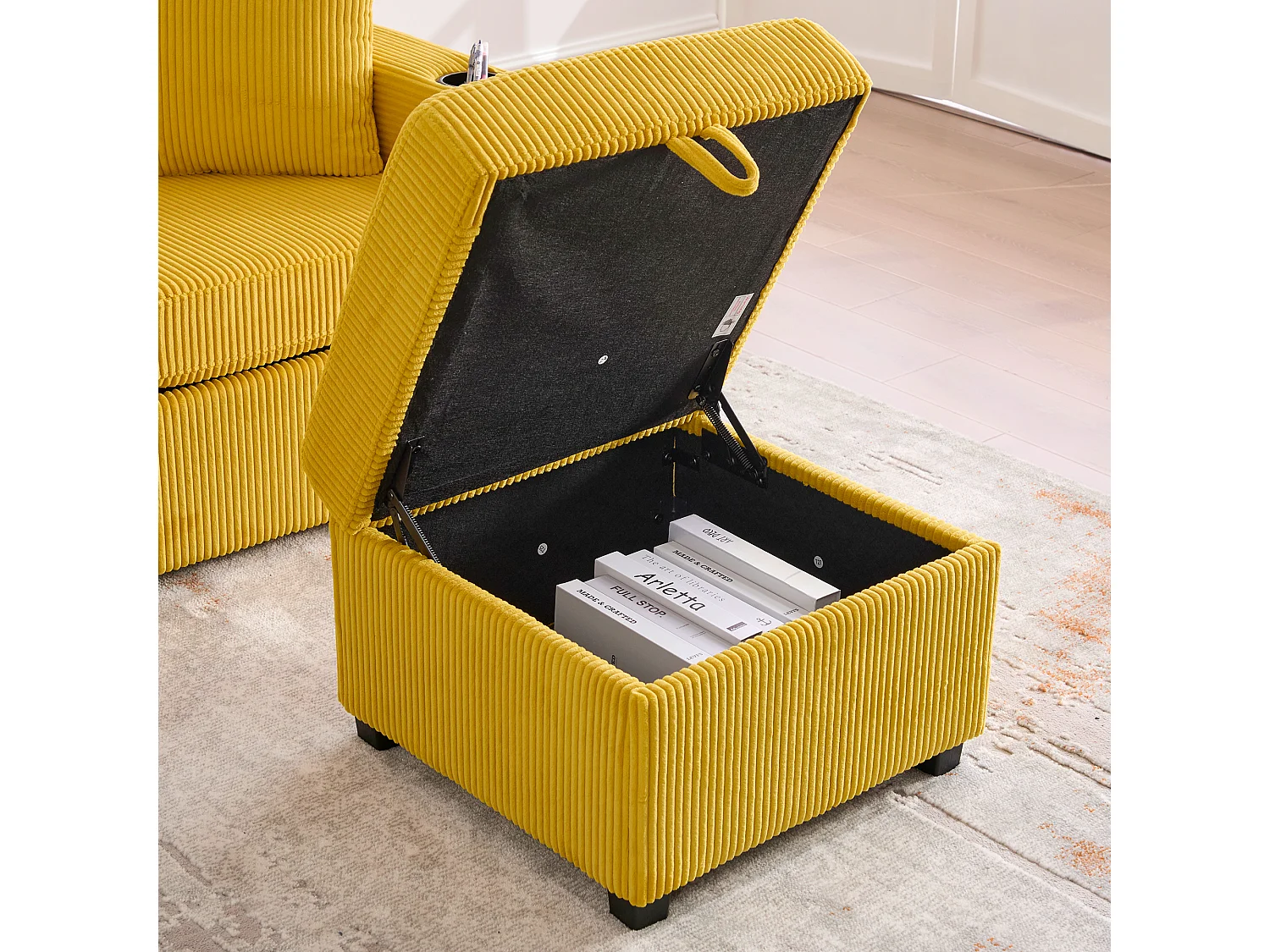 Canapé d'angle 3 places en velours côtelé jaune moutarde - Avec LED, ports USB/Type-C et 2 tiroirs