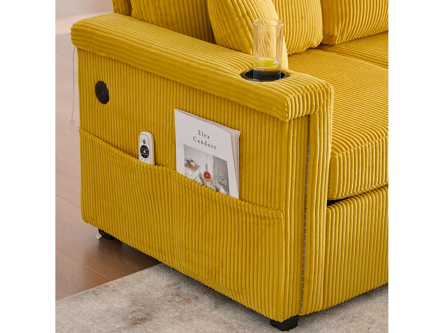 Canapé d'angle 3 places en velours côtelé jaune moutarde - Avec LED, ports USB/Type-C et 2 tiroirs