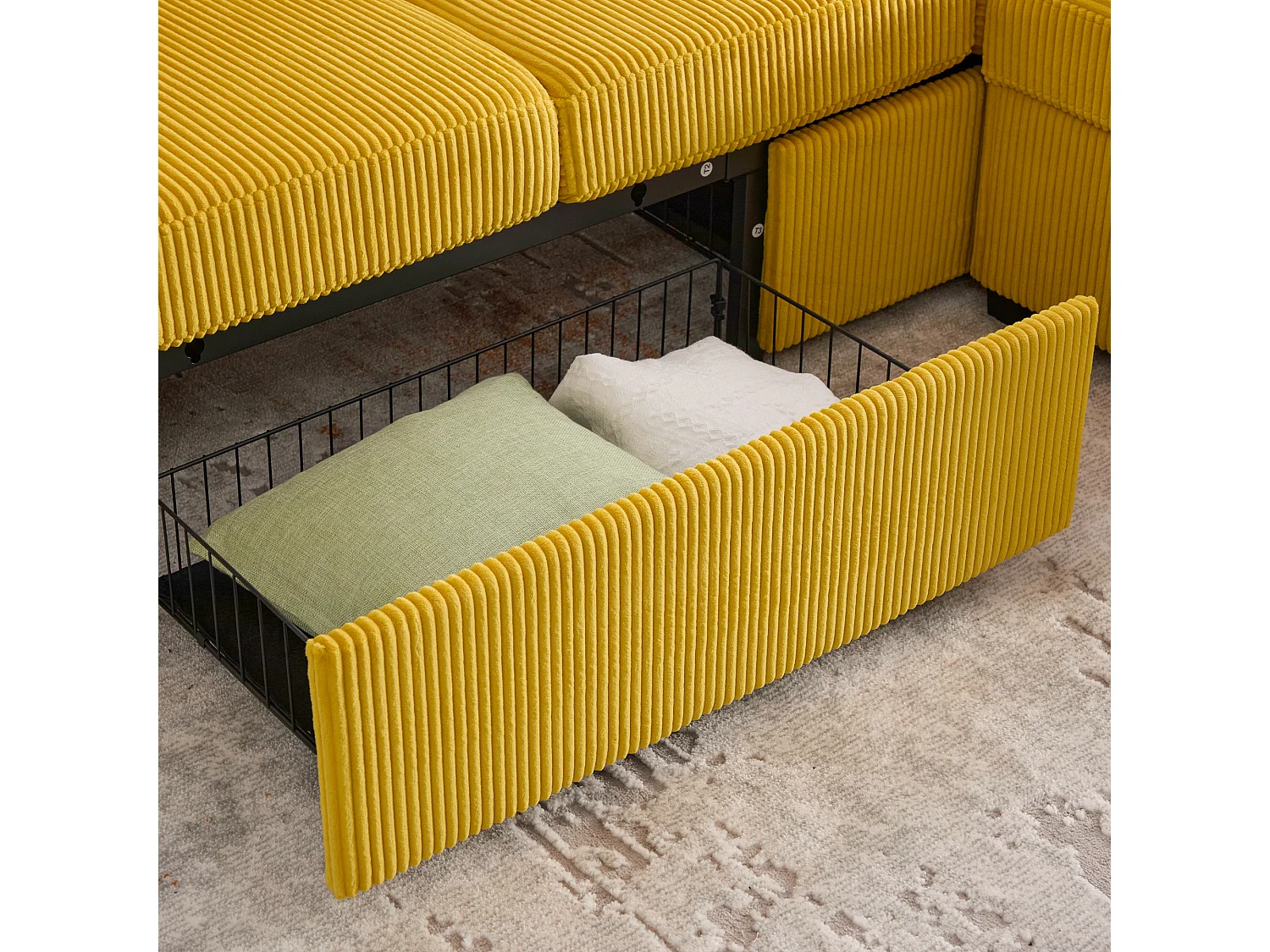 Canapé d'angle 3 places en velours côtelé jaune moutarde - Avec LED, ports USB/Type-C et 2 tiroirs