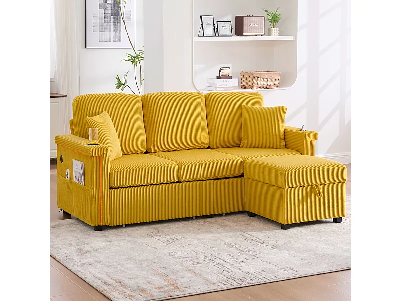 Canapé d'angle 3 places en velours côtelé jaune moutarde - Avec LED, ports USB/Type-C et 2 tiroirs