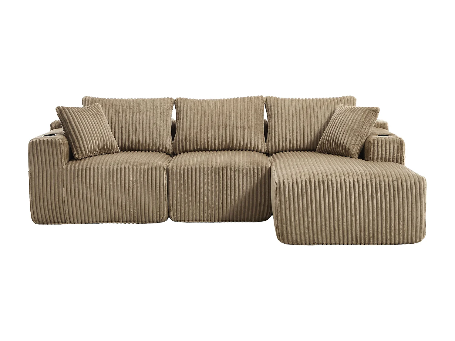 Sofá esquinero de 3 plazas con chaise longue y 5 cojines - Tejido pana - Color caqui