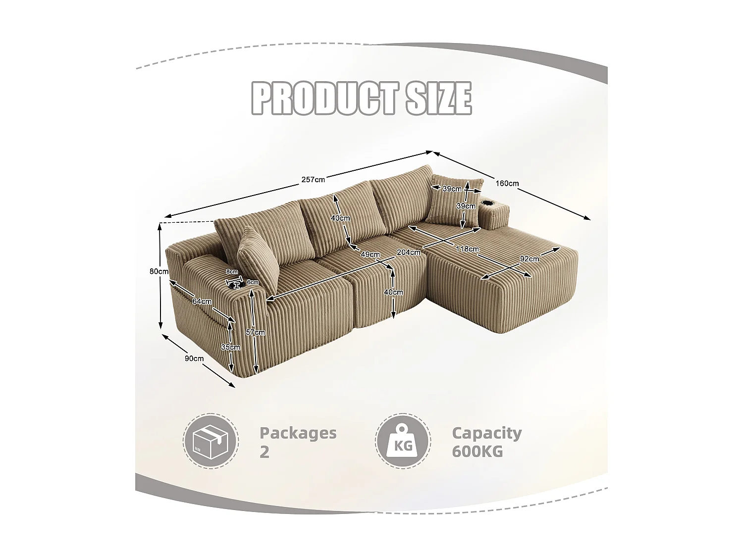 Sofá esquinero de 3 plazas con chaise longue y 5 cojines - Tejido pana - Color caqui