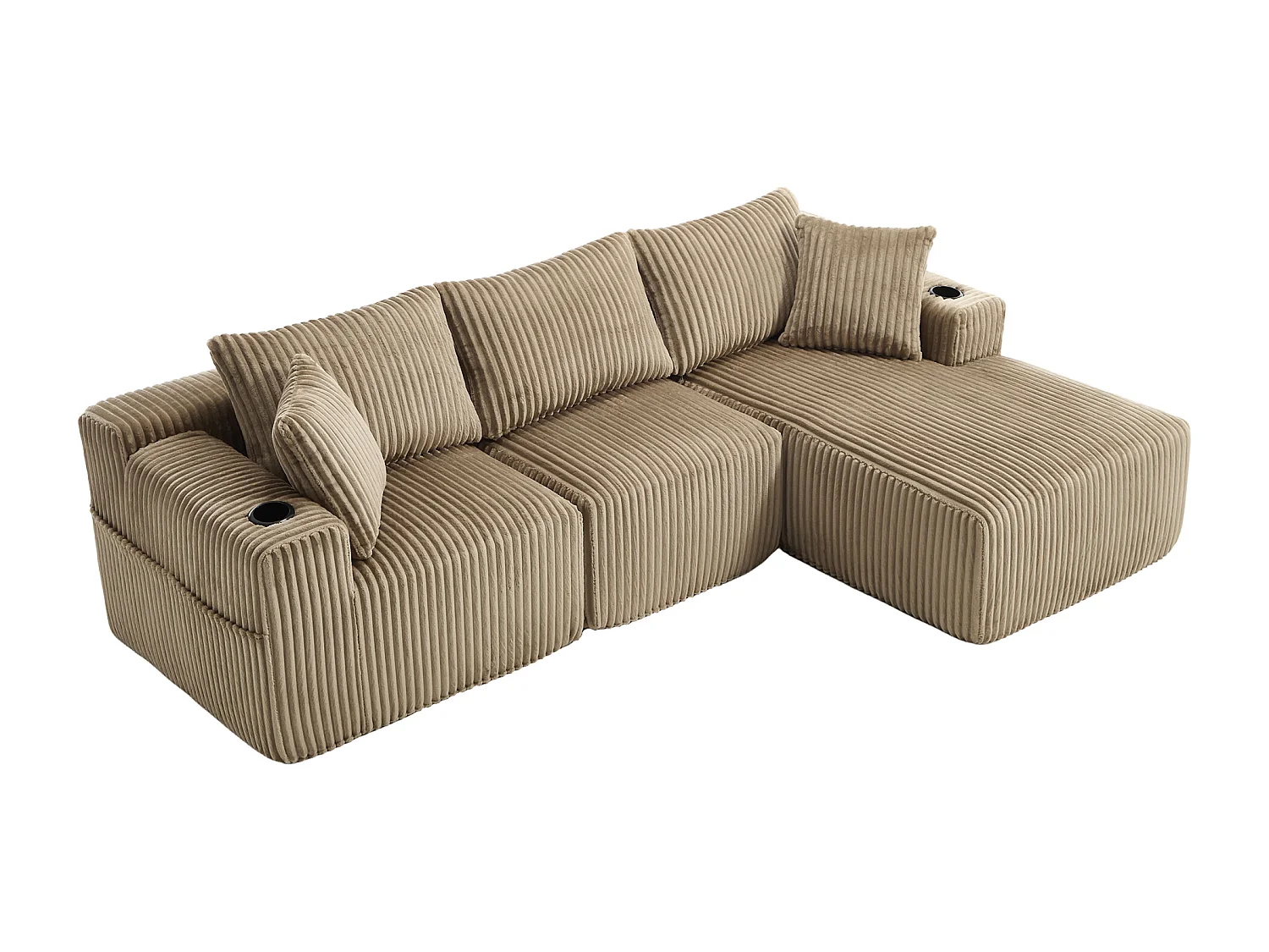 Sofá esquinero de 3 plazas con chaise longue y 5 cojines - Tejido pana - Color caqui