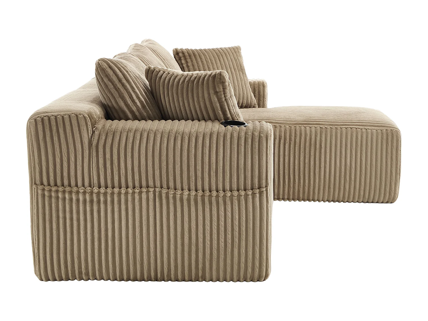 Sofá esquinero de 3 plazas con chaise longue y 5 cojines - Tejido pana - Color caqui