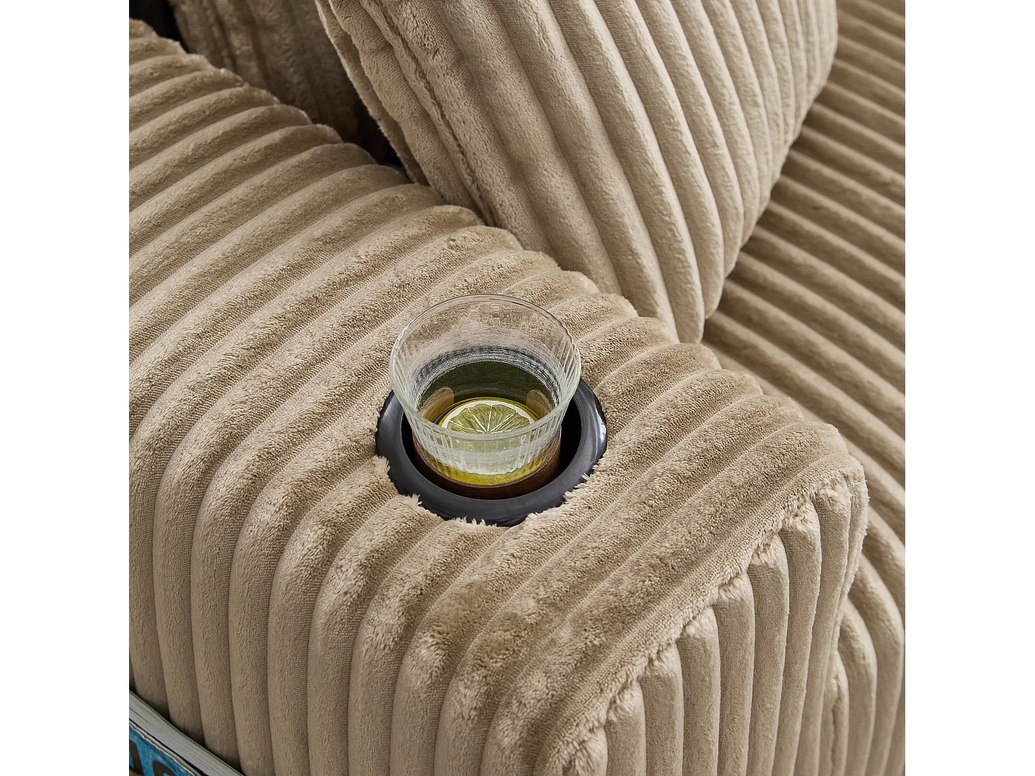 Sofá esquinero de 3 plazas con chaise longue y 5 cojines - Tejido pana - Color caqui