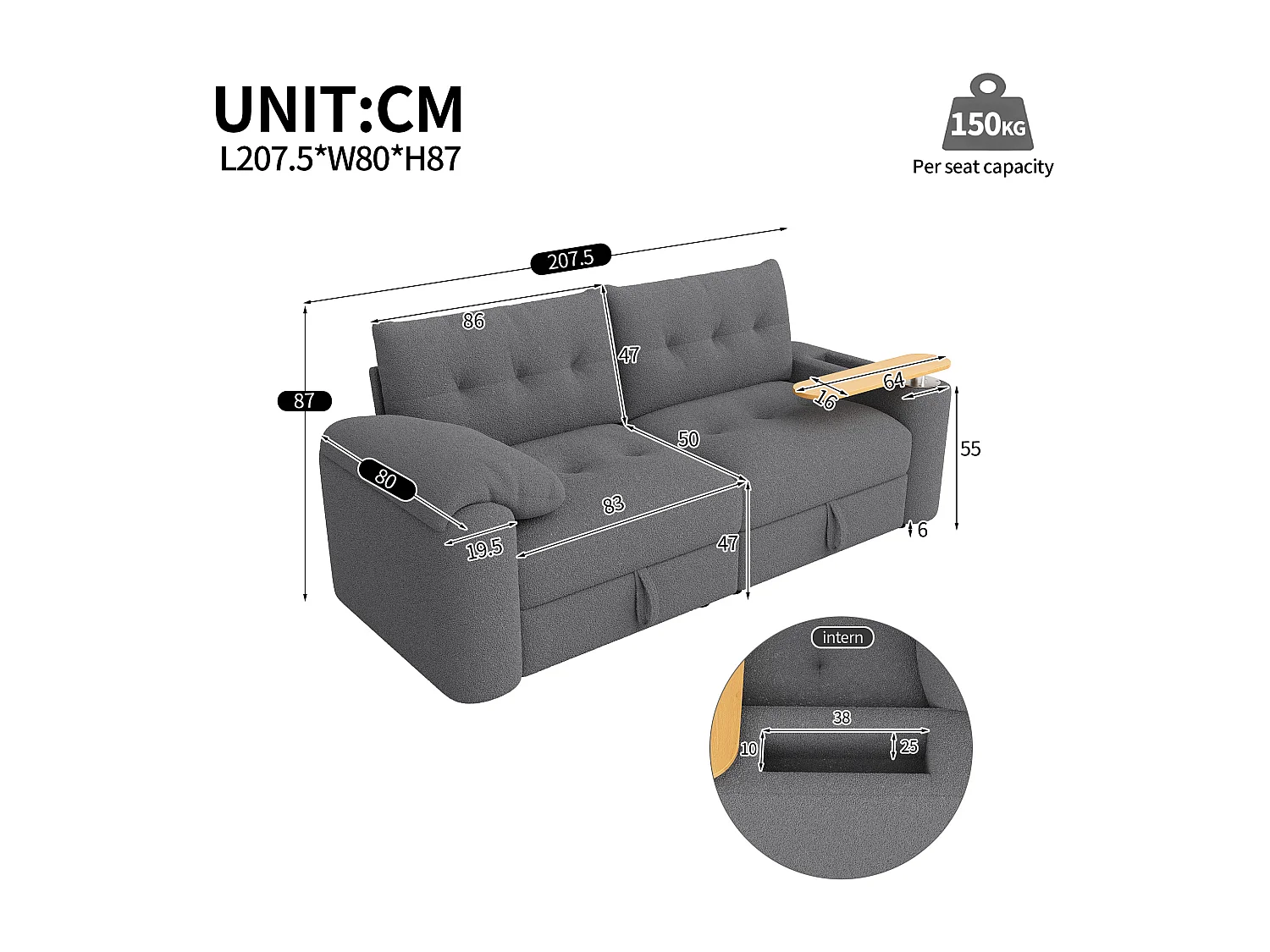 Canapé 2 places avec coffres de rangements et table d’appoint - Tissu Teddy gris