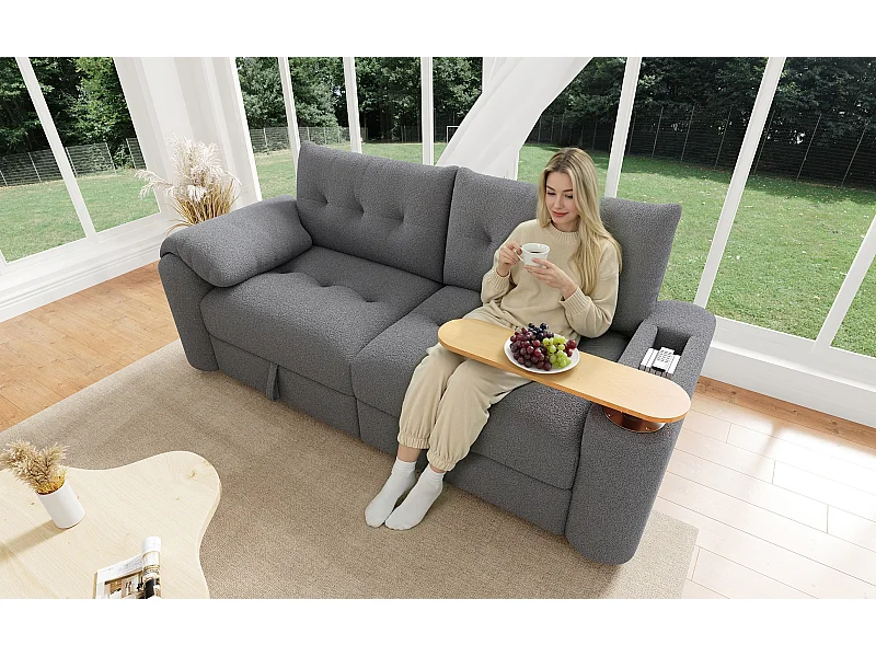 Canapé 2 places avec coffres de rangements et table d’appoint - Tissu Teddy gris