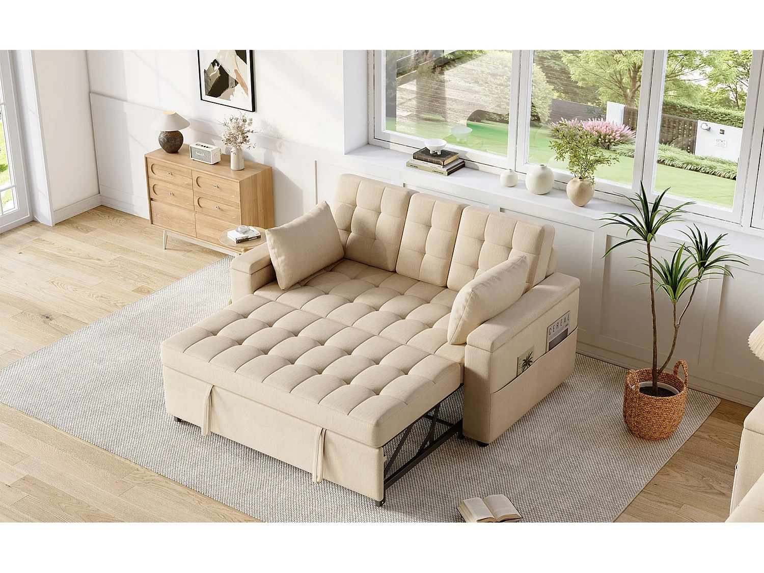 Canapé convertible 2 places avec dossier réglable et porte-gobelet - Tissu coton-lin beige