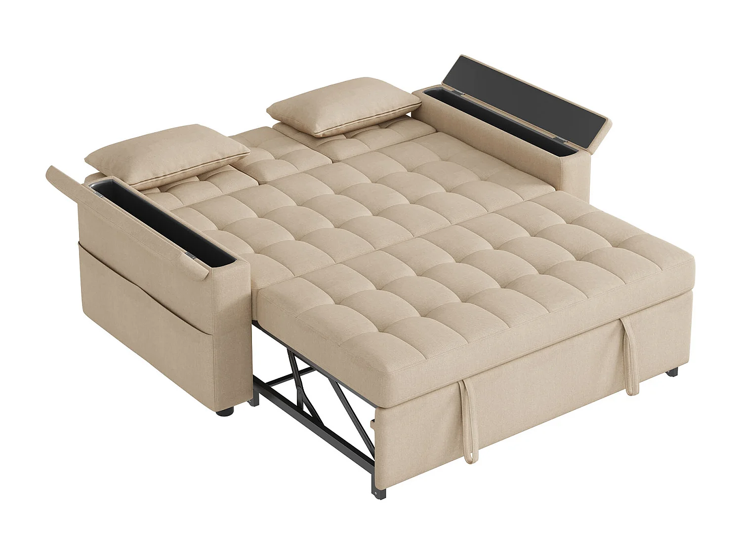 Canapé convertible 2 places avec dossier réglable et porte-gobelet - Tissu coton-lin beige