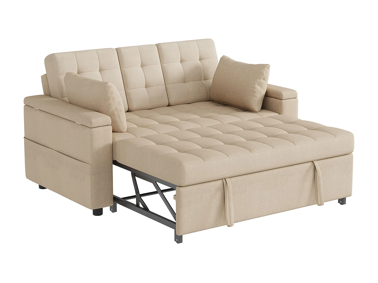 Canapé convertible 2 places avec dossier réglable et porte-gobelet - Tissu coton-lin beige