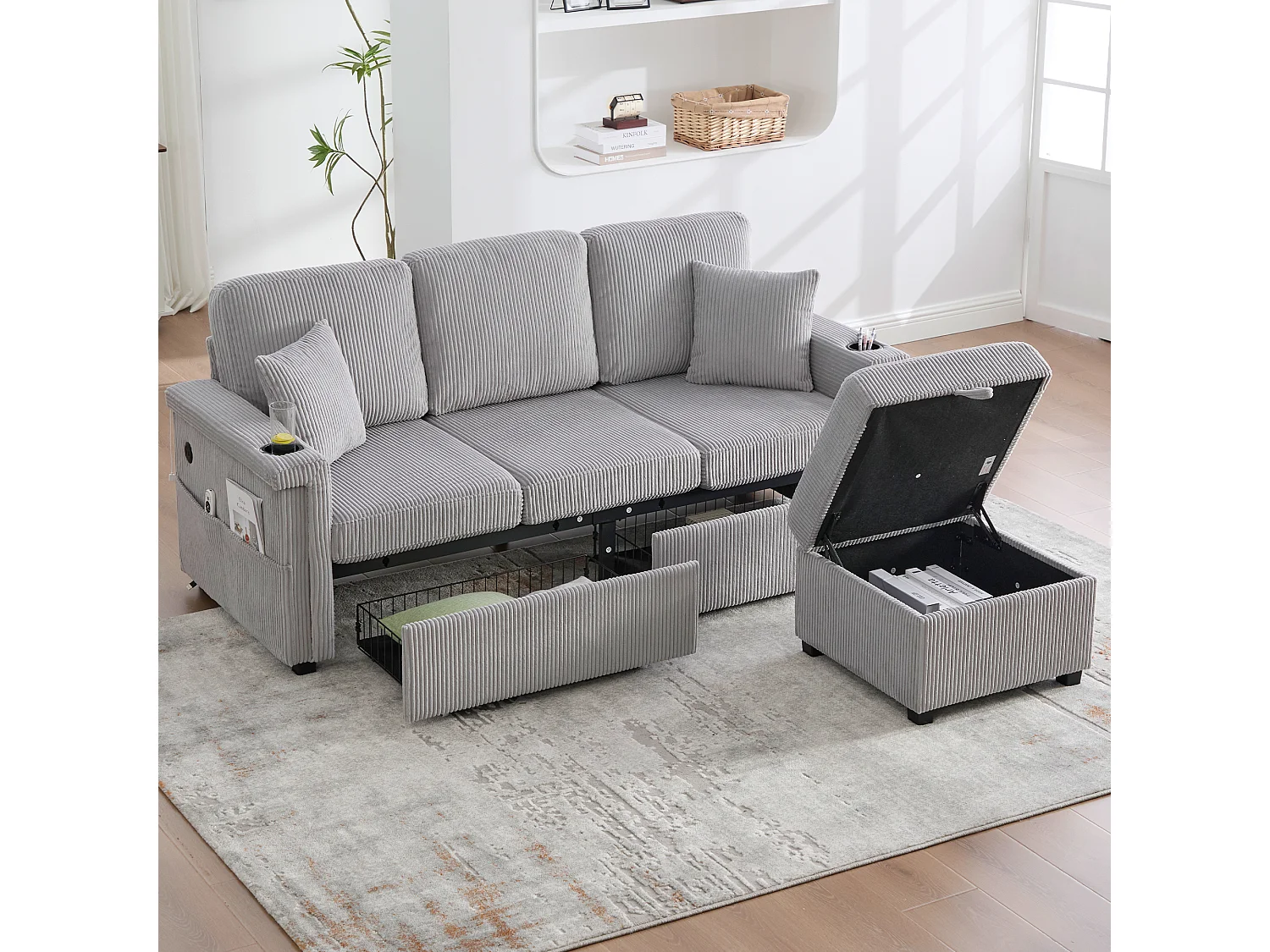 Canapé d'angle 3 places en velours côtelé gris clair - Avec LED, ports USB/Type-C et 2 tiroirs