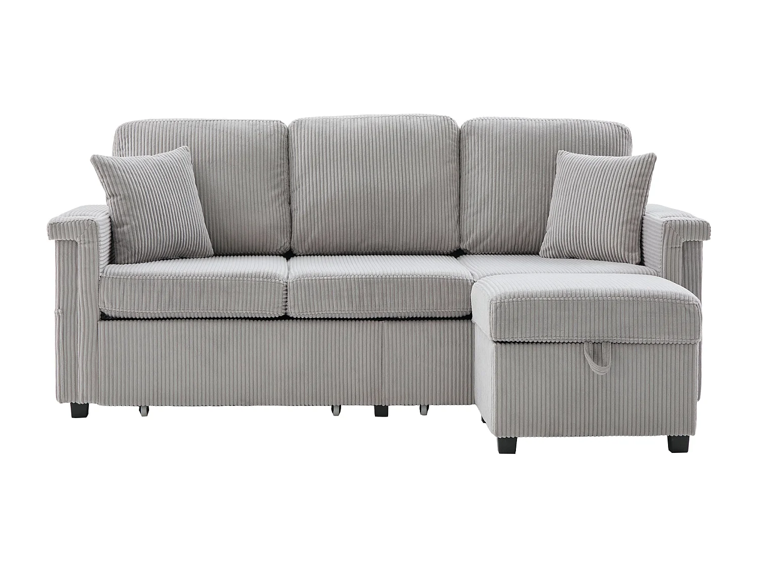 Canapé d'angle 3 places en velours côtelé gris clair - Avec LED, ports USB/Type-C et 2 tiroirs