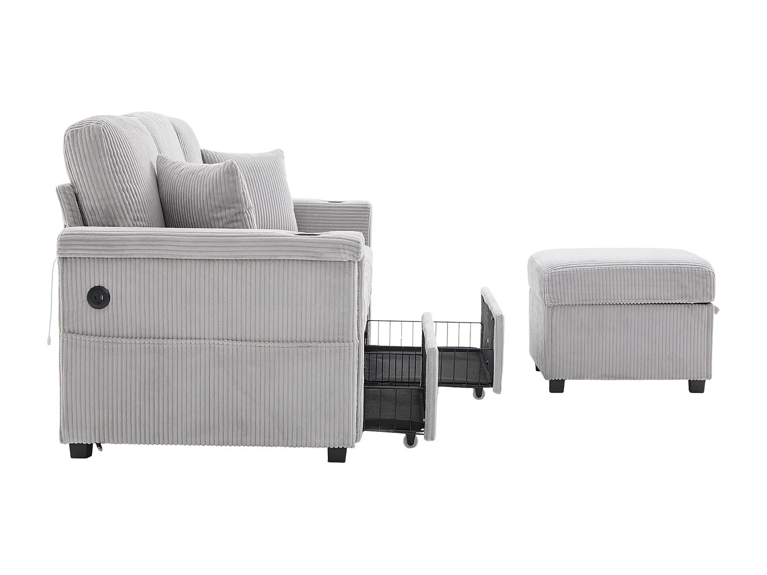 Canapé d'angle 3 places en velours côtelé gris clair - Avec LED, ports USB/Type-C et 2 tiroirs