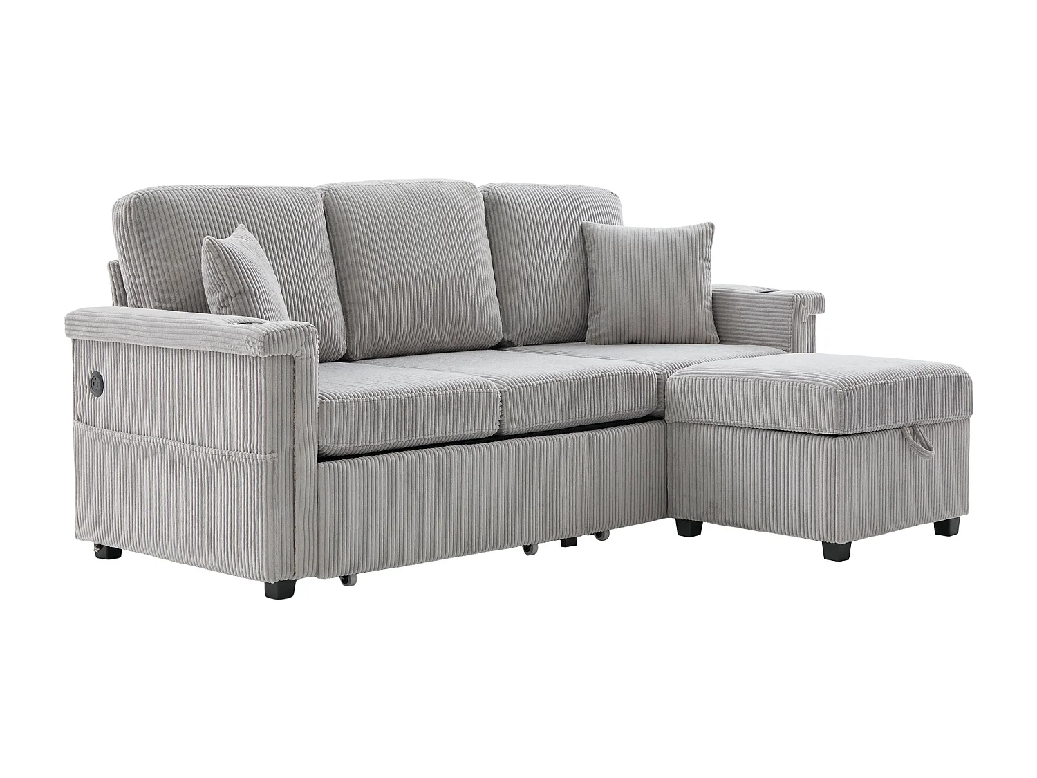 Canapé d'angle 3 places en velours côtelé gris clair - Avec LED, ports USB/Type-C et 2 tiroirs