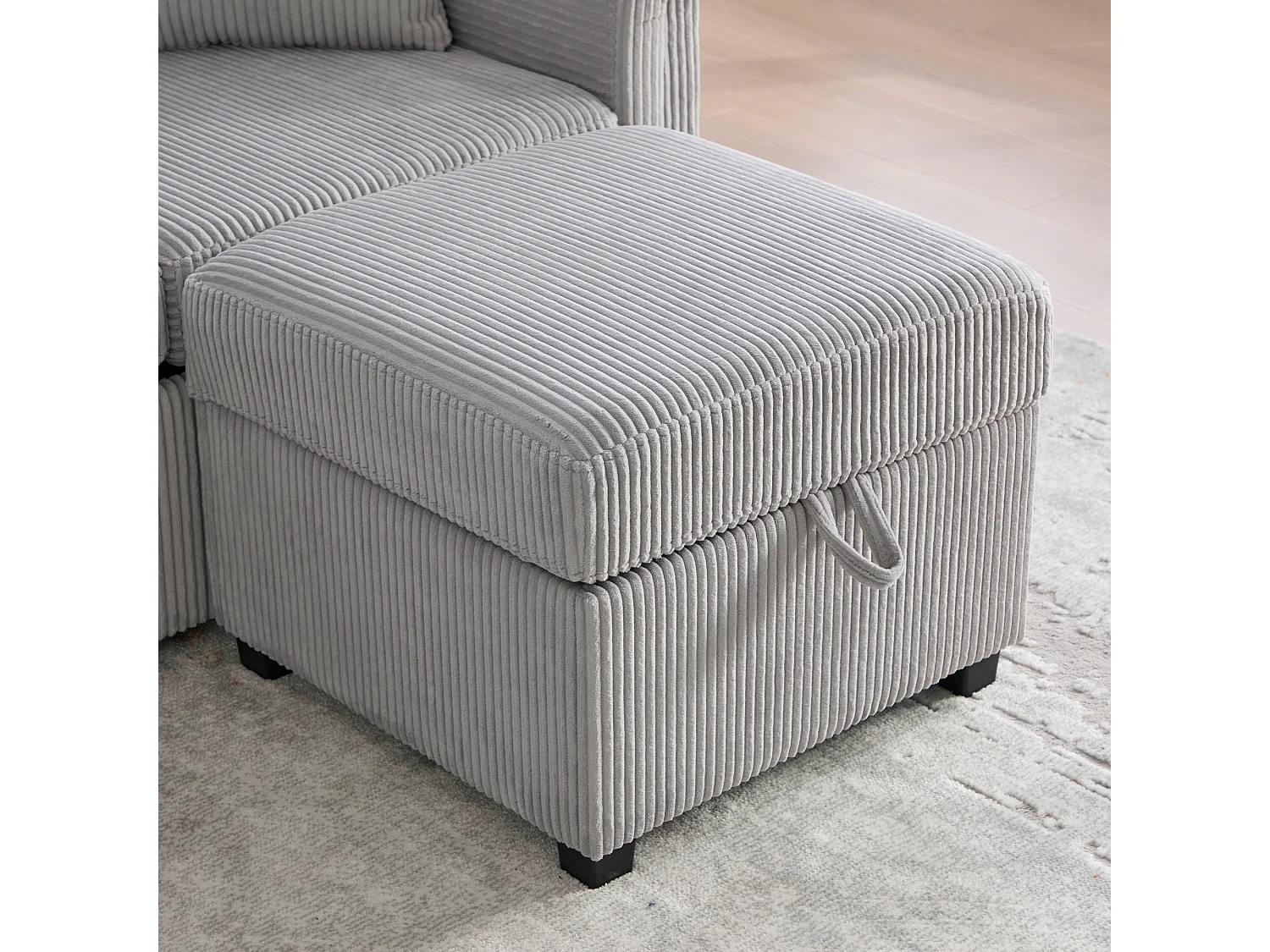 Canapé d'angle 3 places en velours côtelé gris clair - Avec LED, ports USB/Type-C et 2 tiroirs