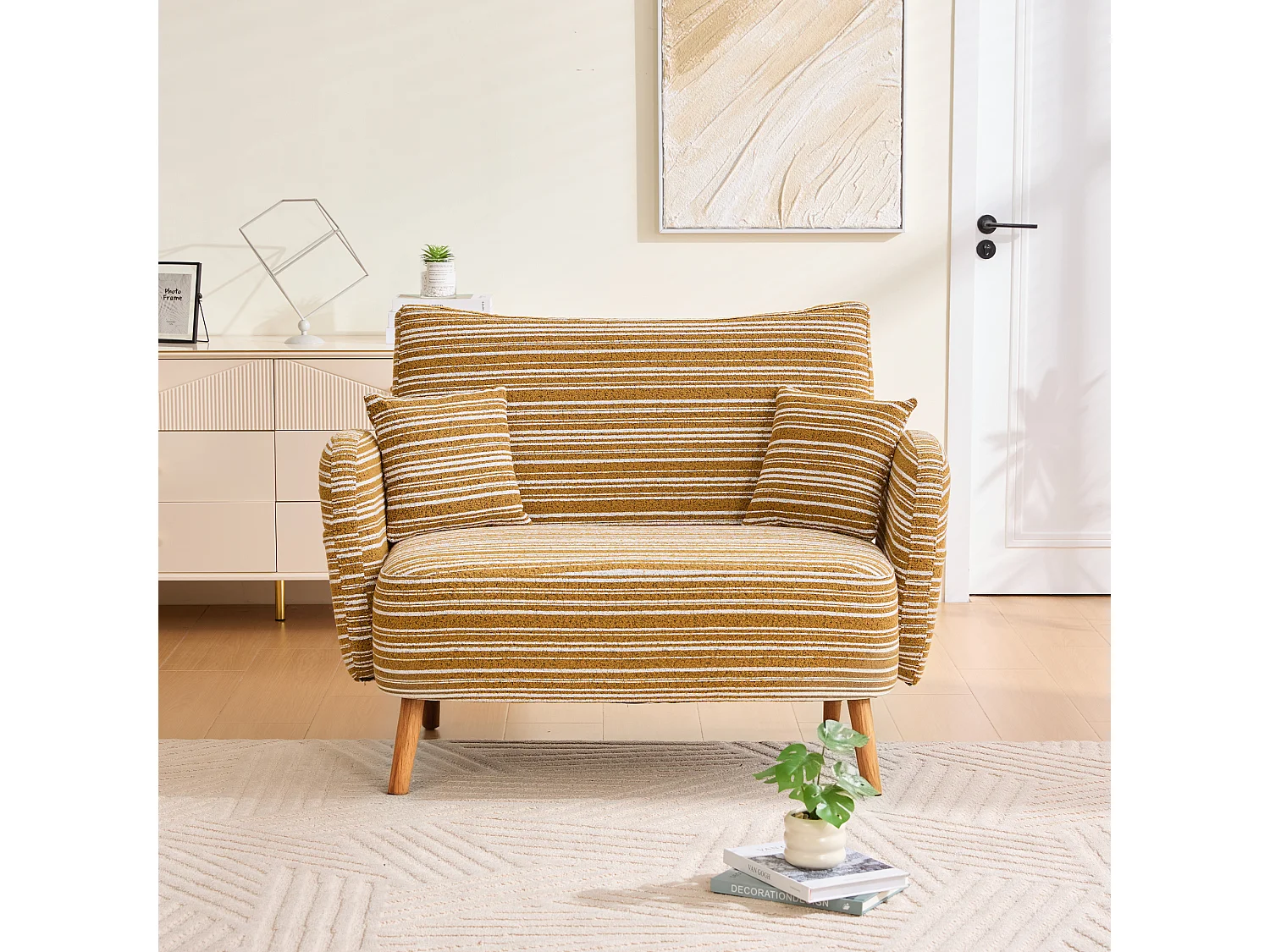 Sofá de dos plazas en tejido bouclé amarillo mostaza - Con bolsillos laterales y 2 cojines