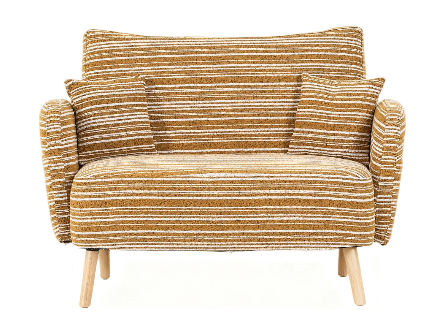 Sofá de dos plazas en tejido bouclé amarillo mostaza - Con bolsillos laterales y 2 cojines