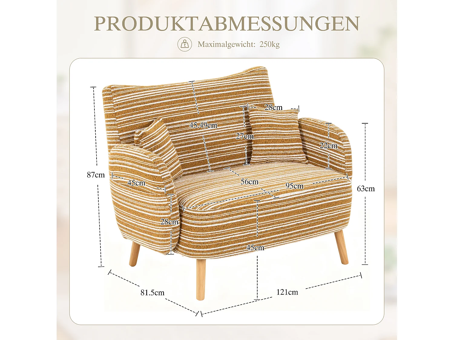 Sofá de dos plazas en tejido bouclé amarillo mostaza - Con bolsillos laterales y 2 cojines
