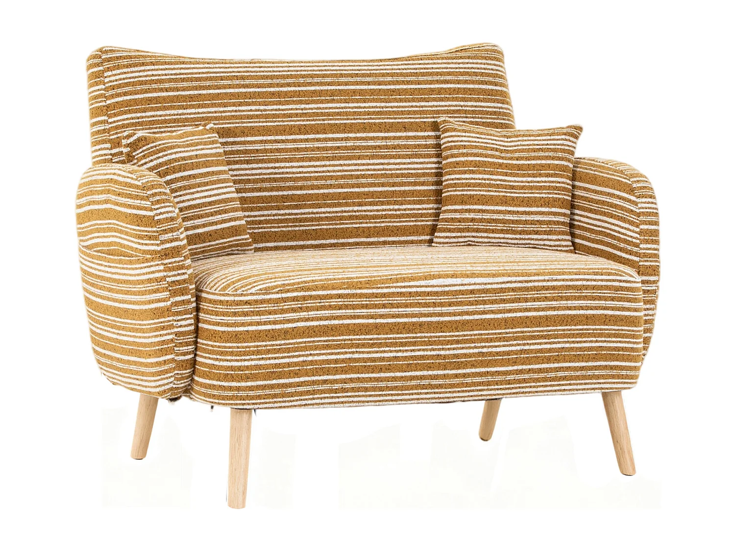 Sofá de dos plazas en tejido bouclé amarillo mostaza - Con bolsillos laterales y 2 cojines