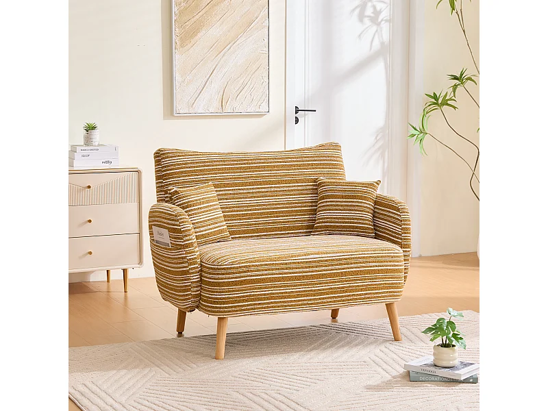 Canapé 2 places en tissu bouclé jaune moutarde - Avec poches latérales et 2 coussins