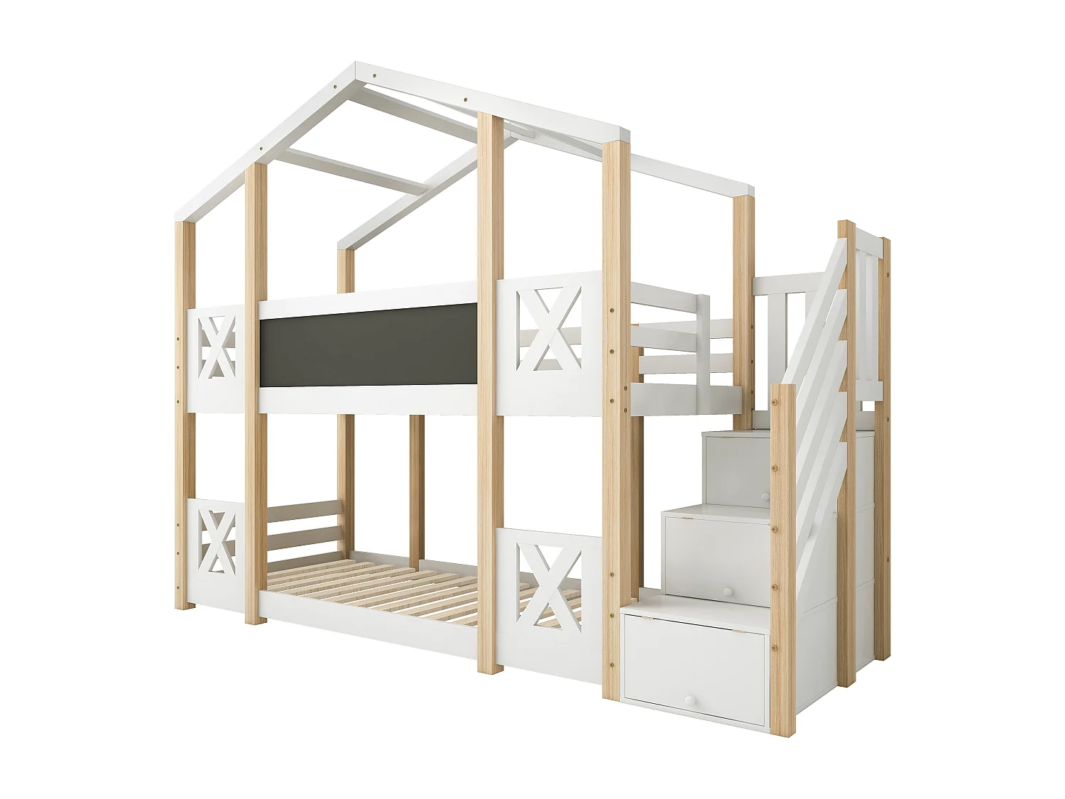 Lit superposé 90 x 200 cm - Lit cabane avec escalier de rangement - Blanc et naturel clair