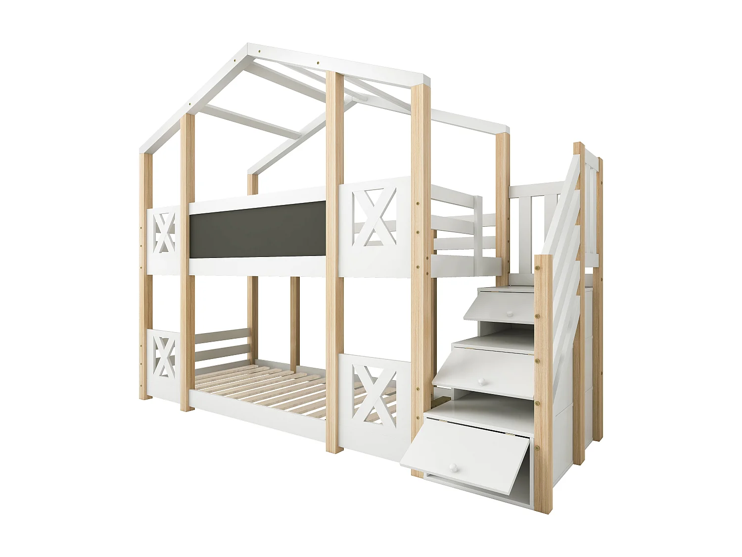 Lit superposé 90 x 200 cm - Lit cabane avec escalier de rangement - Blanc et naturel clair