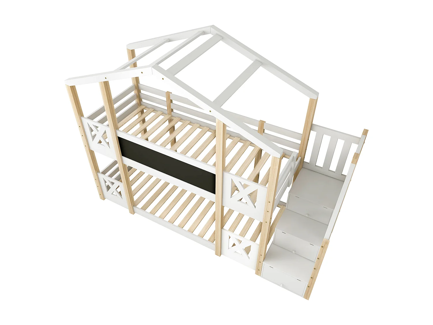 Lit superposé 90 x 200 cm - Lit cabane avec escalier de rangement - Blanc et naturel clair