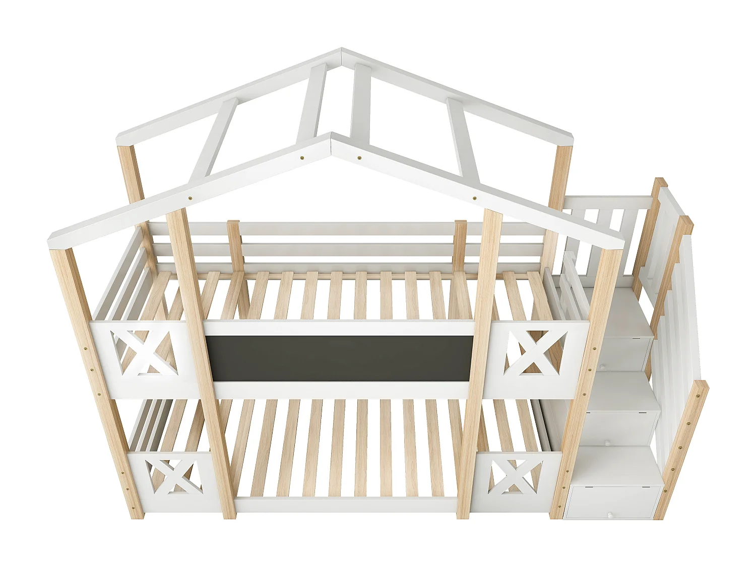 Lit superposé 90 x 200 cm - Lit cabane avec escalier de rangement - Blanc et naturel clair