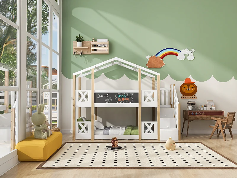 Litera 90 x 200 cm - Cama alta con escalera de almacenaje - Blanco y natural claro