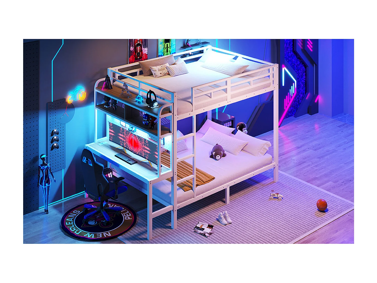 Kinderstapelbed 140 x 200 cm met bureau, ledverlichting en USB-poort - Metalen en MDF-bed - Wit