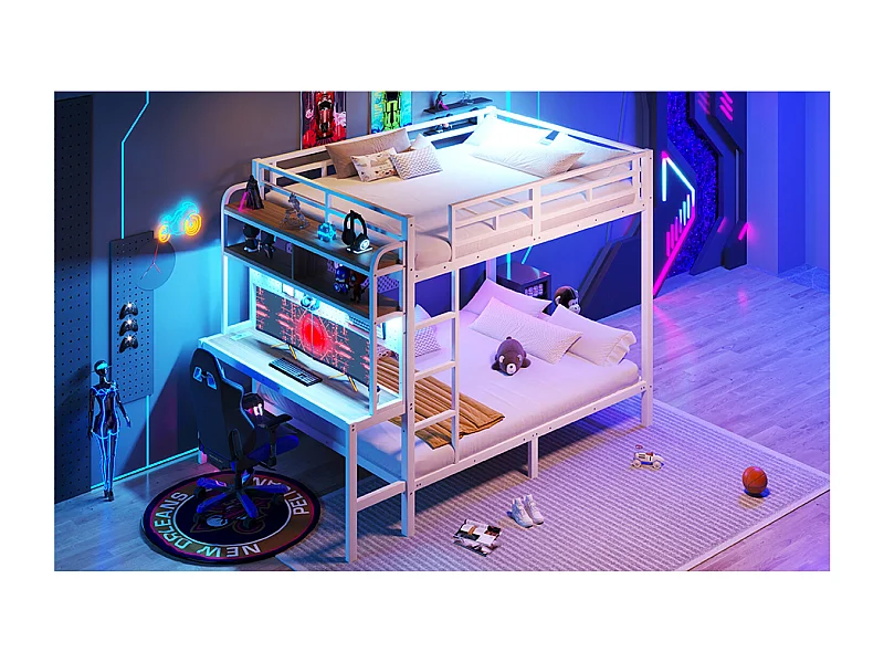 Kinderstapelbed 140 x 200 cm met bureau, ledverlichting en USB-poort - Metalen en MDF-bed - Wit