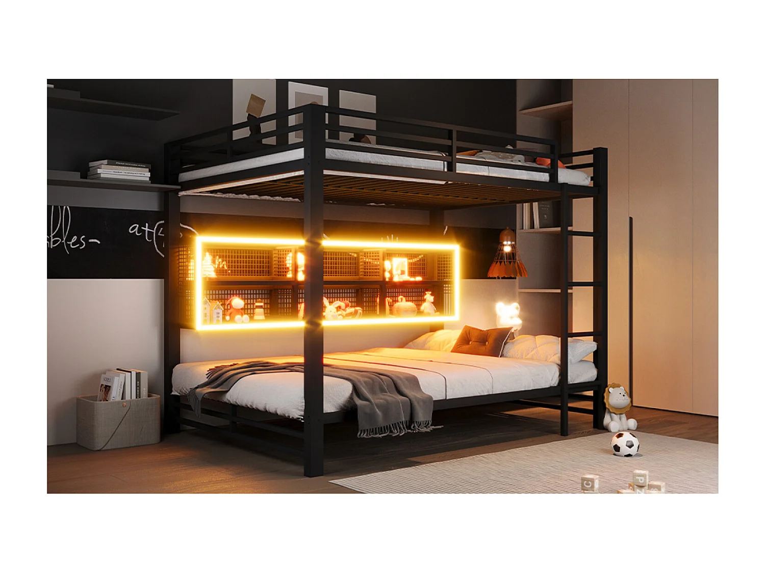 Kinderstapelbed 140x200 met opbergruimte en ledverlichting, zwart metaal