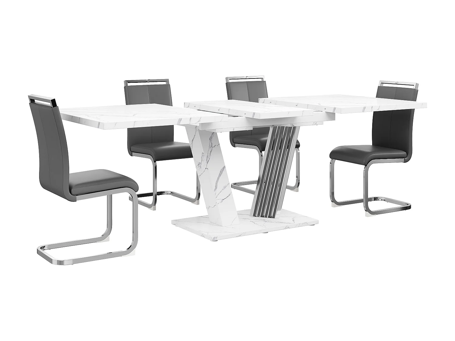 Conjunto de comedor - Mesa extensible blanca 120(160)x80 cm + 4 sillas PU gris