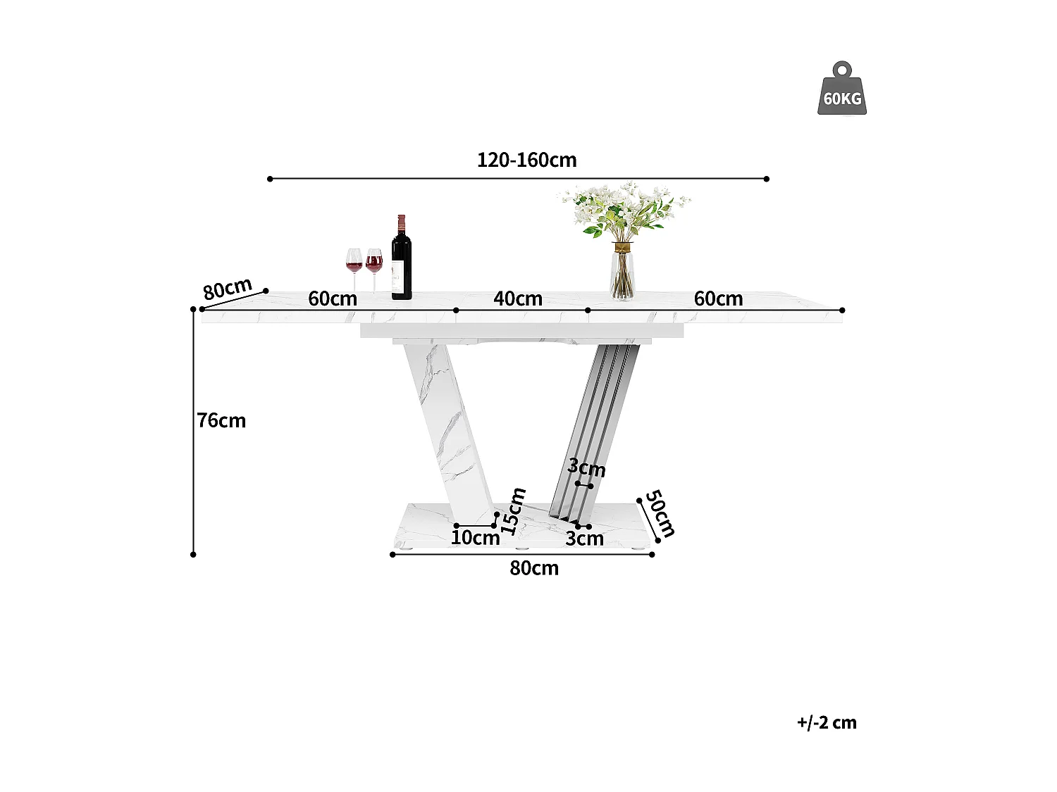 Conjunto de comedor - Mesa extensible blanca 120(160)x80 cm + 4 sillas PU gris