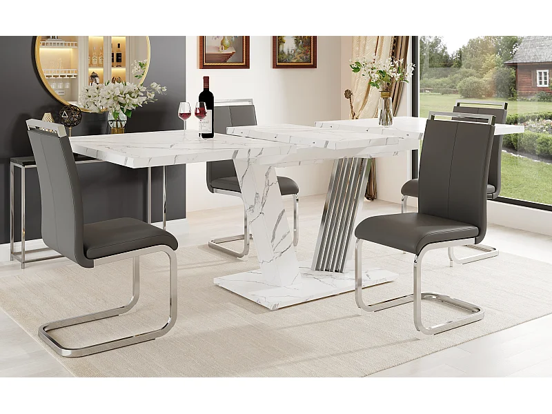 Conjunto de comedor - Mesa extensible blanca 120(160)x80 cm + 4 sillas PU gris