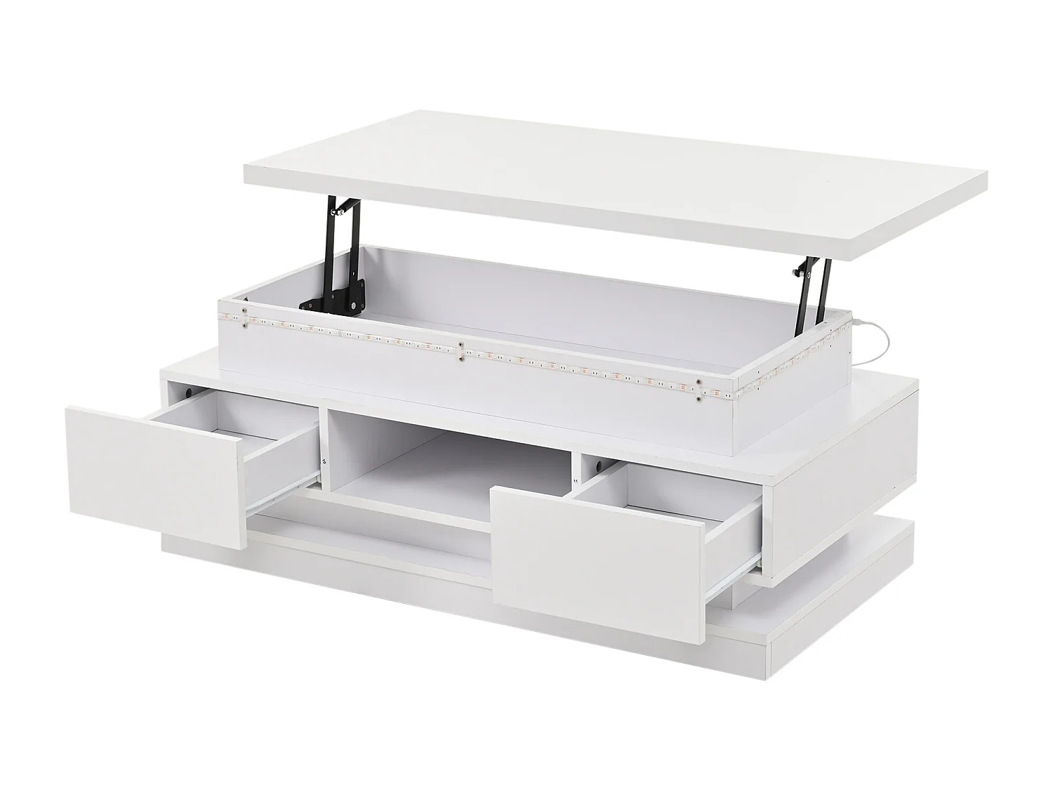 Tavolino da caffè con piano sollevabile 100 x 50 x 40 cm con 2 cassetti e illuminazione a LED - Finitura bianco lucido