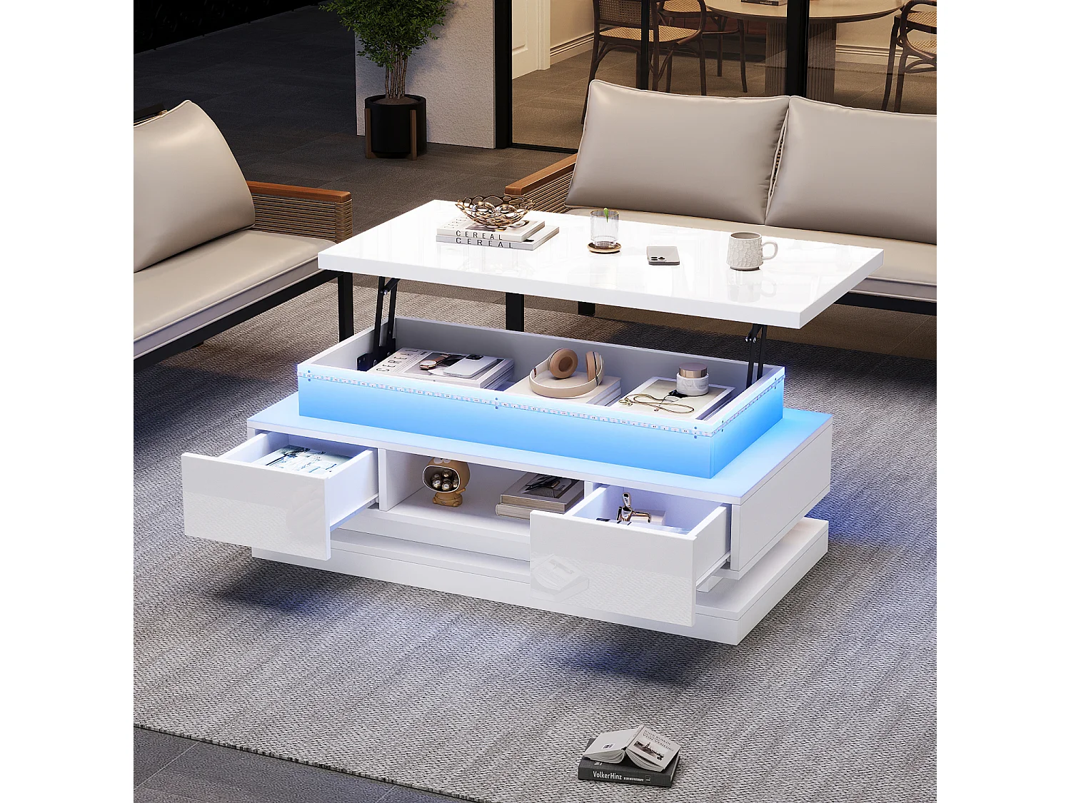 Salontafel met opklapbaar blad, 100 x 50 x 40 cm, met 2 lades en ledverlichting - Glanzend witte afwerking