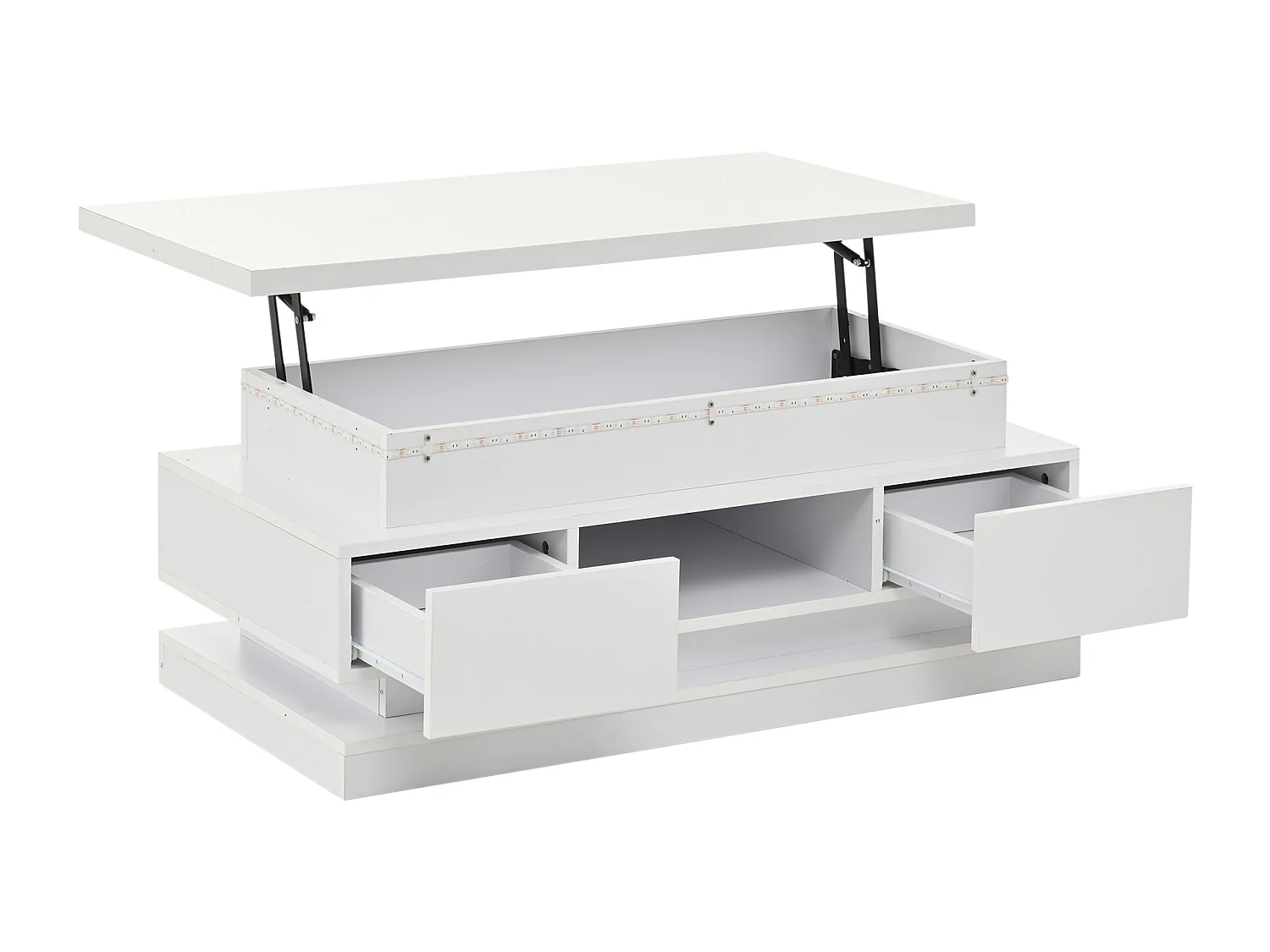 Salontafel met opklapbaar blad, 100 x 50 x 40 cm, met 2 lades en ledverlichting - Glanzend witte afwerking