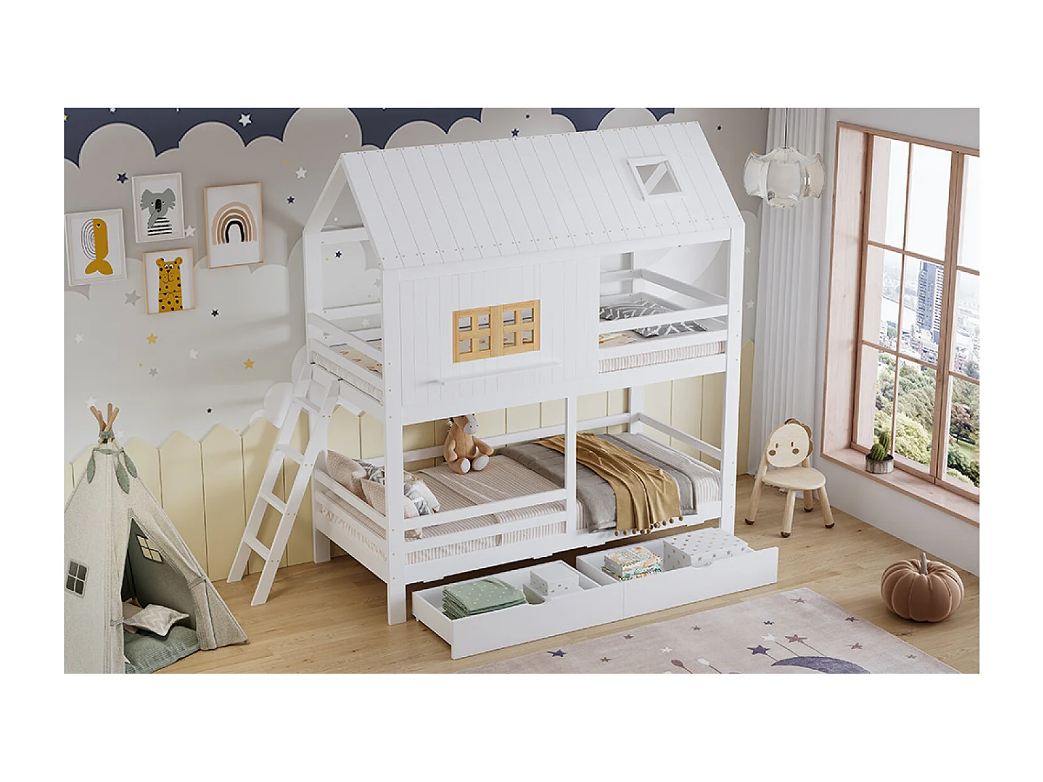 Letto a castello per bambini 90x200 cm con 2 cassetti - Letto a castello in legno di pino e MDF - Bianco