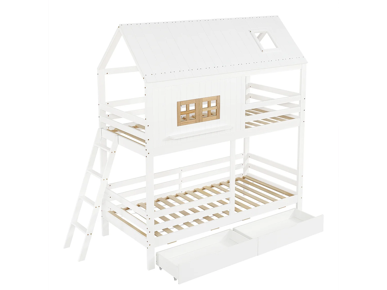 Letto a castello per bambini 90x200 cm con 2 cassetti - Letto a castello in legno di pino e MDF - Bianco