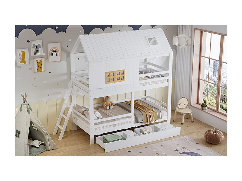 Letto a castello per bambini 90x200 cm con 2 cassetti - Letto a castello in legno di pino e MDF - Bianco
