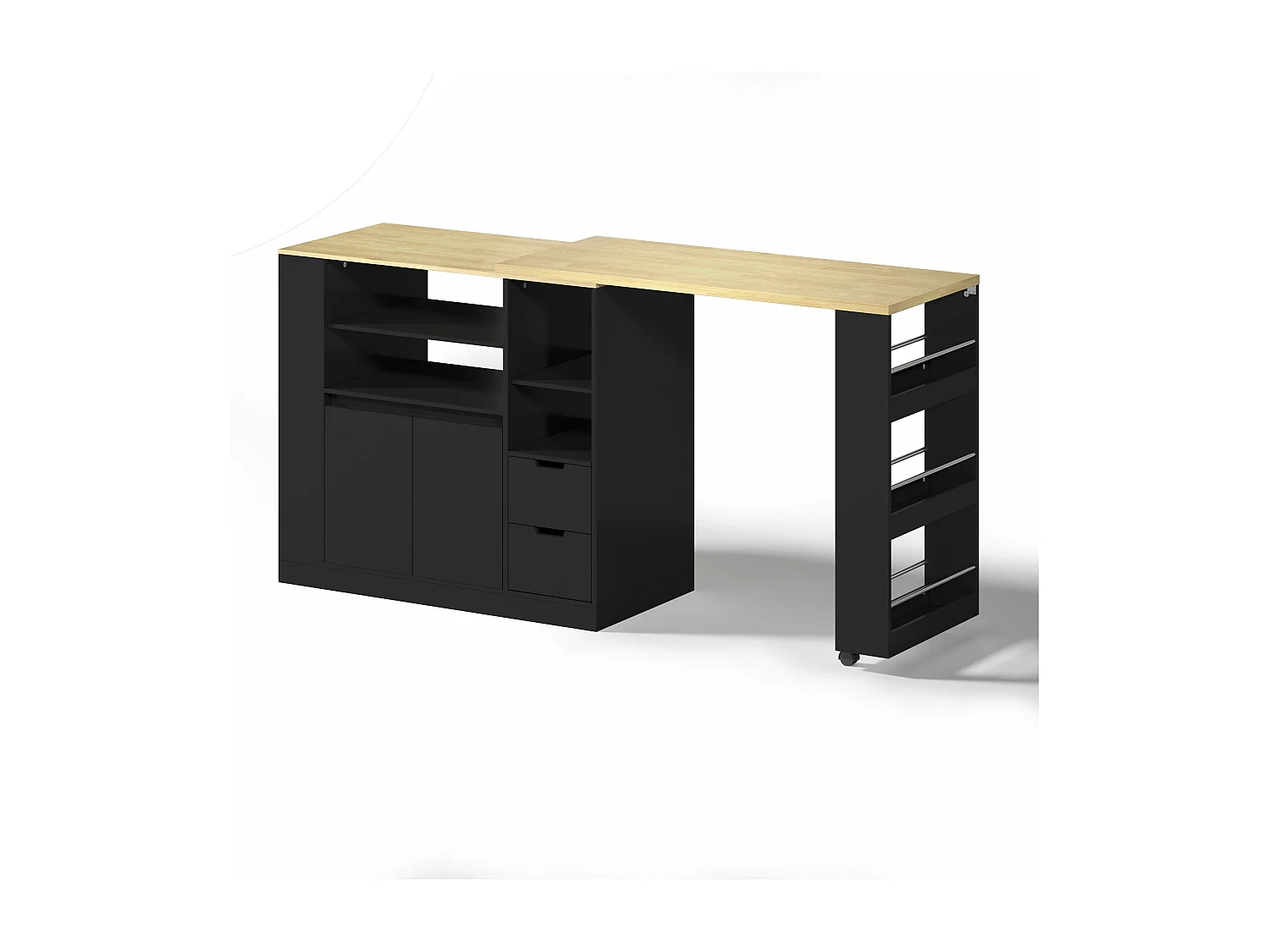 Isla de cocina con encimera extensible, 2 cajones y 2 puertas - Negro y madera