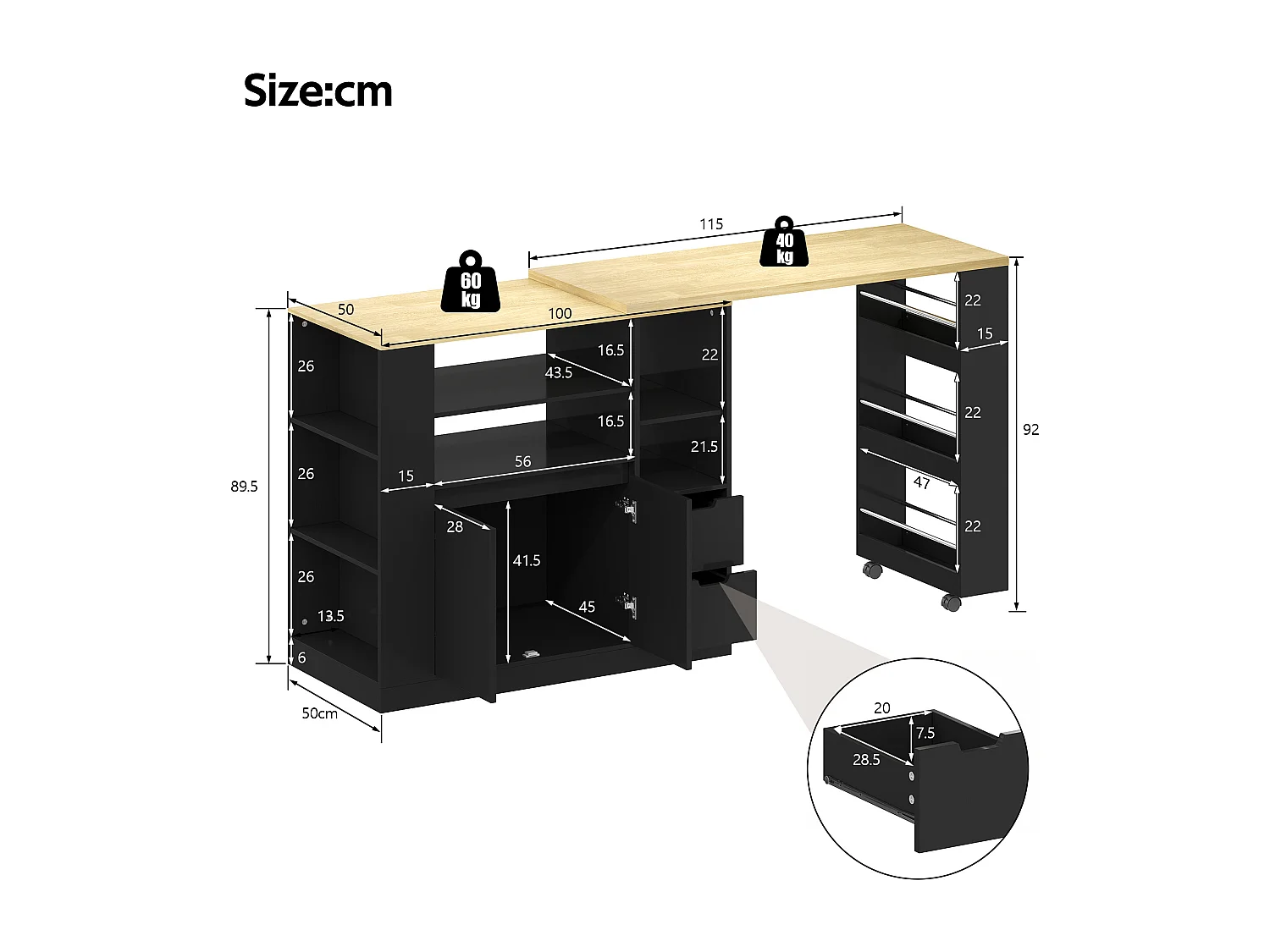 Isla de cocina con encimera extensible, 2 cajones y 2 puertas - Negro y madera