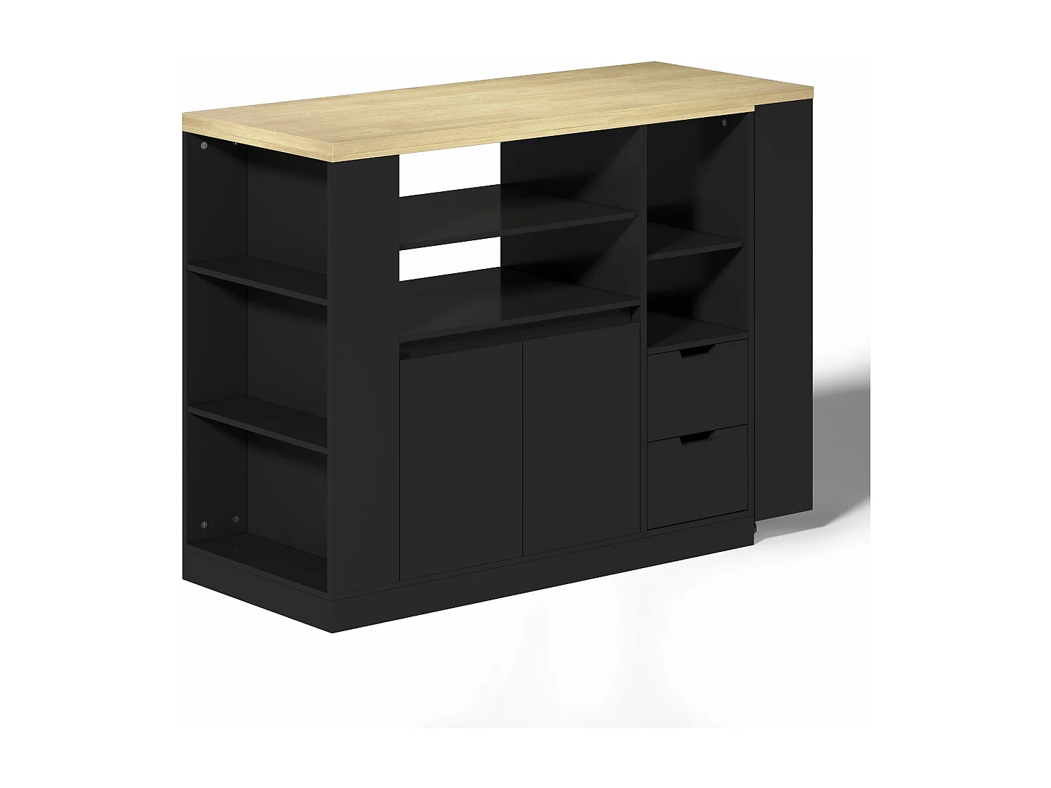 Isla de cocina con encimera extensible, 2 cajones y 2 puertas - Negro y madera