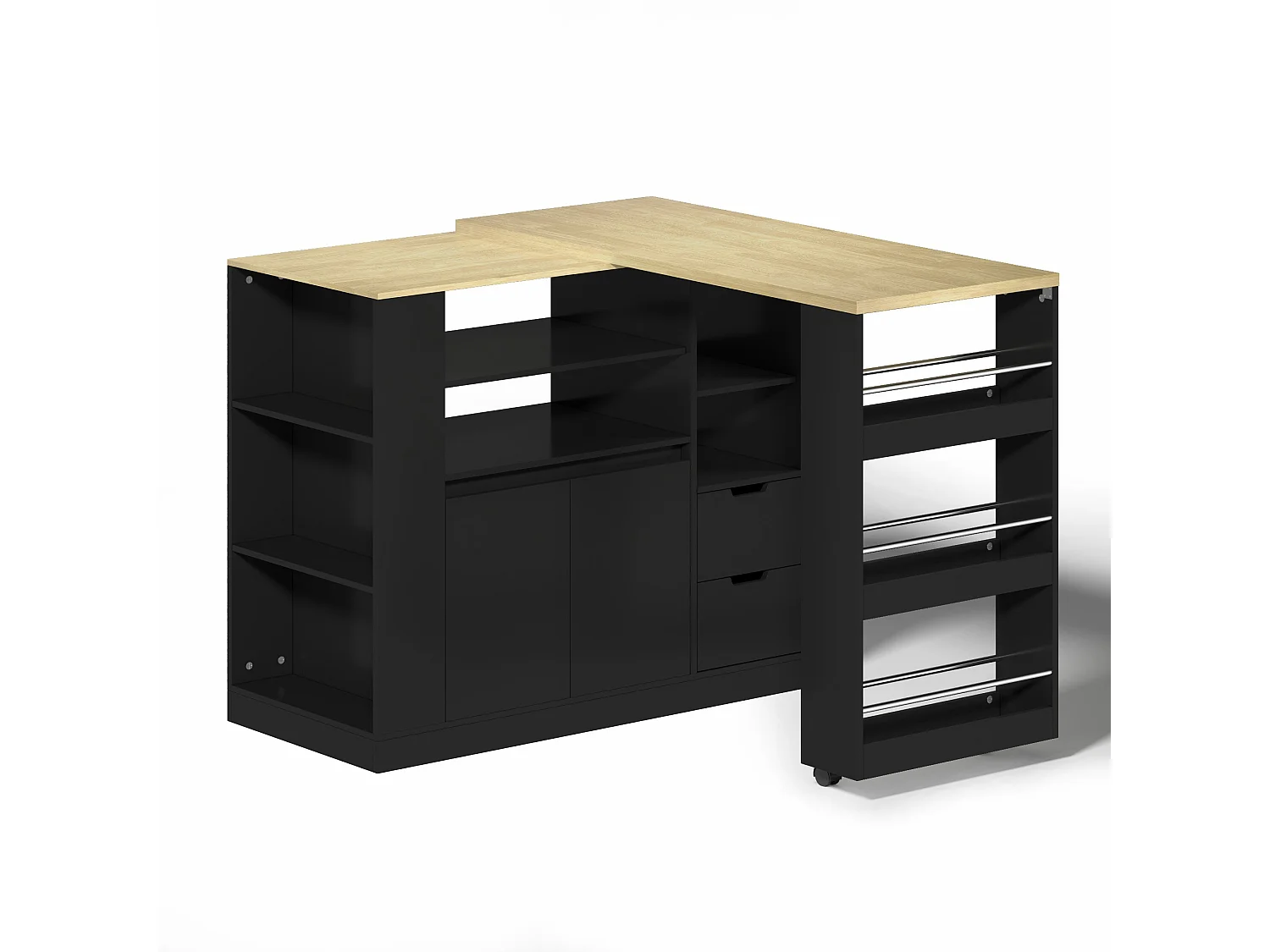 Isla de cocina con encimera extensible, 2 cajones y 2 puertas - Negro y madera