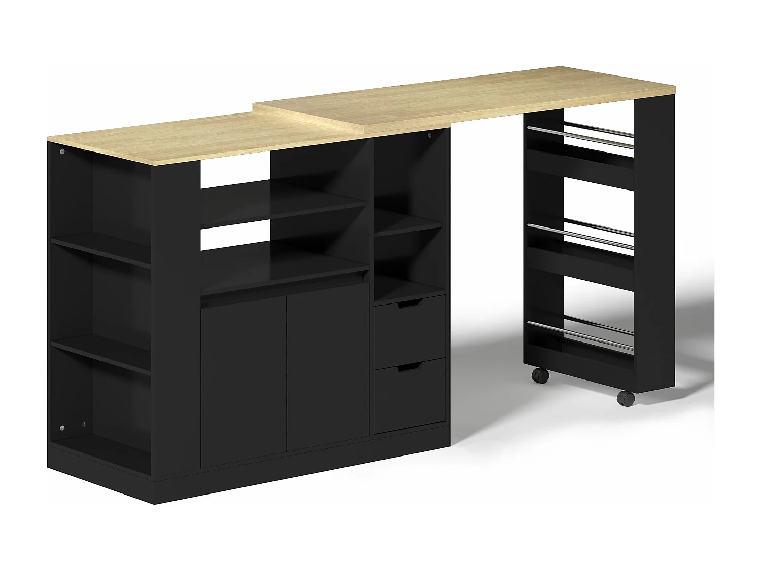 Isla de cocina con encimera extensible, 2 cajones y 2 puertas - Negro y madera