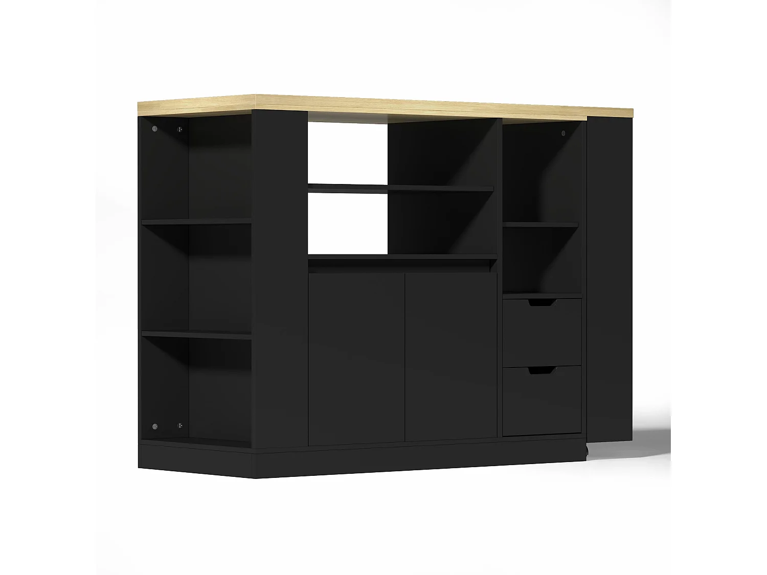 Isla de cocina con encimera extensible, 2 cajones y 2 puertas - Negro y madera